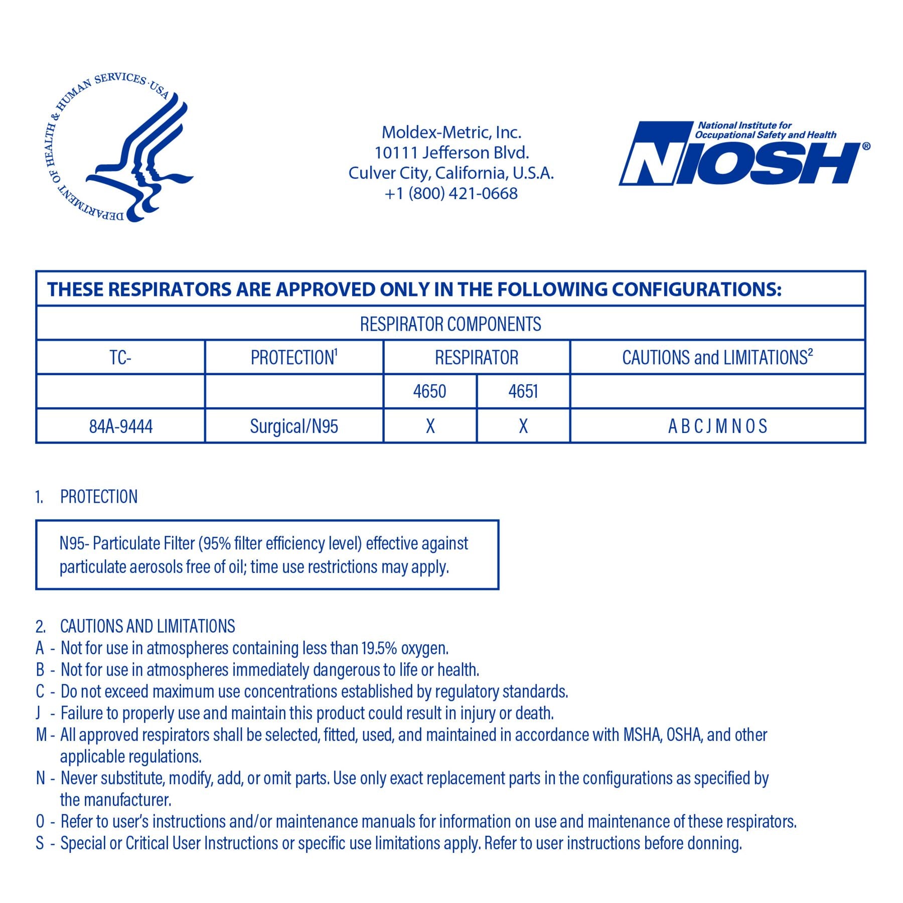 Moldex 4650 4651 NIOSH N95 Listing