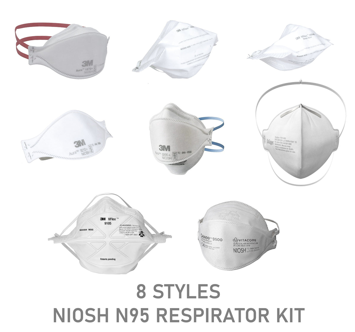 8-piece NIOSH N95 Sample Sizing Kit for Fit Testing - 3M Canada Aura 1870+ 9205+ 9210+, 3M Vflex 1804 1804S, Vitacore CAN99 9500, Drager 1750