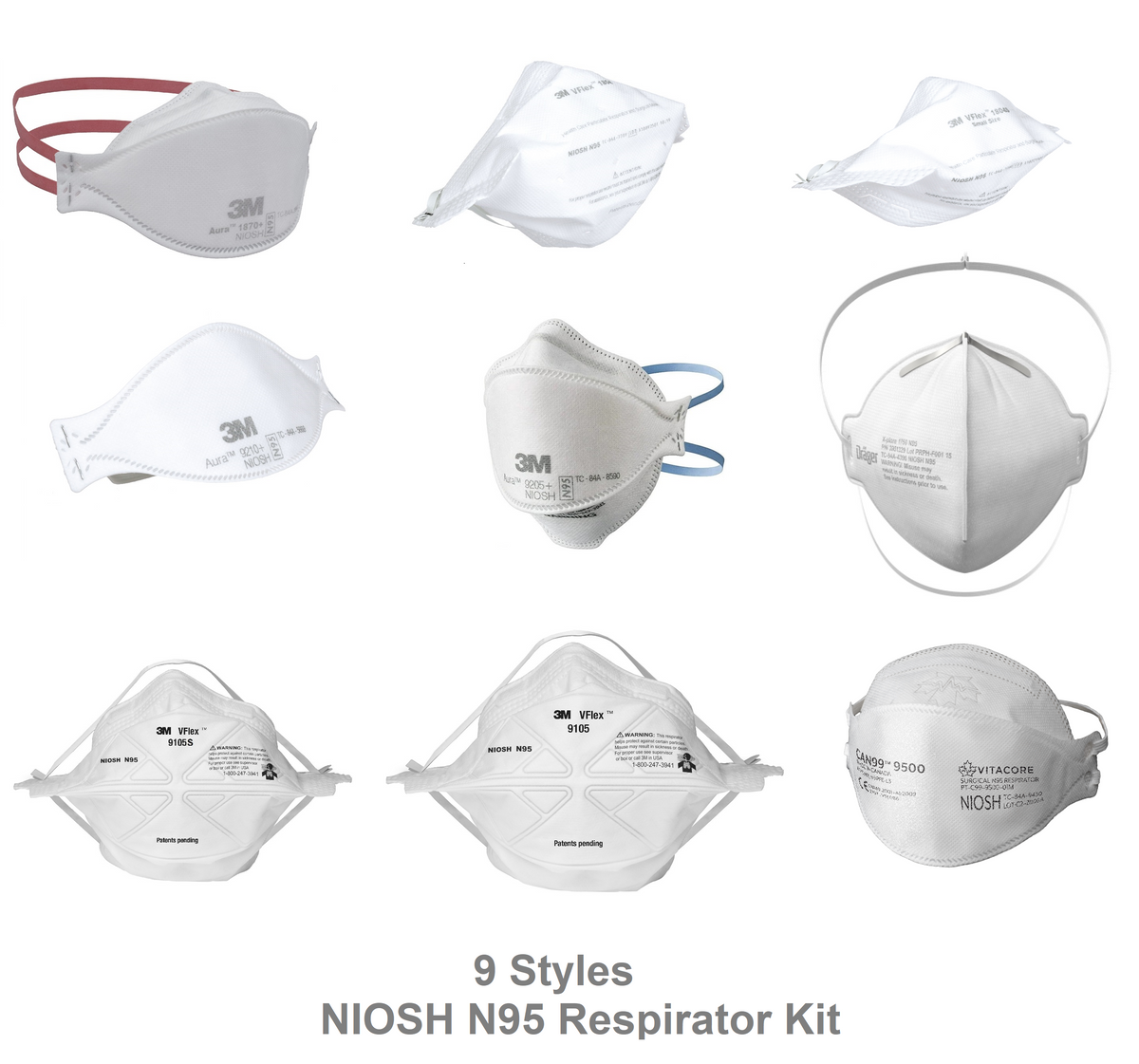 3m Mask Type NIOSH N95 Respirator Sample Kit 9pcs 3M Aura, VFlex, Draeger, Vitacore