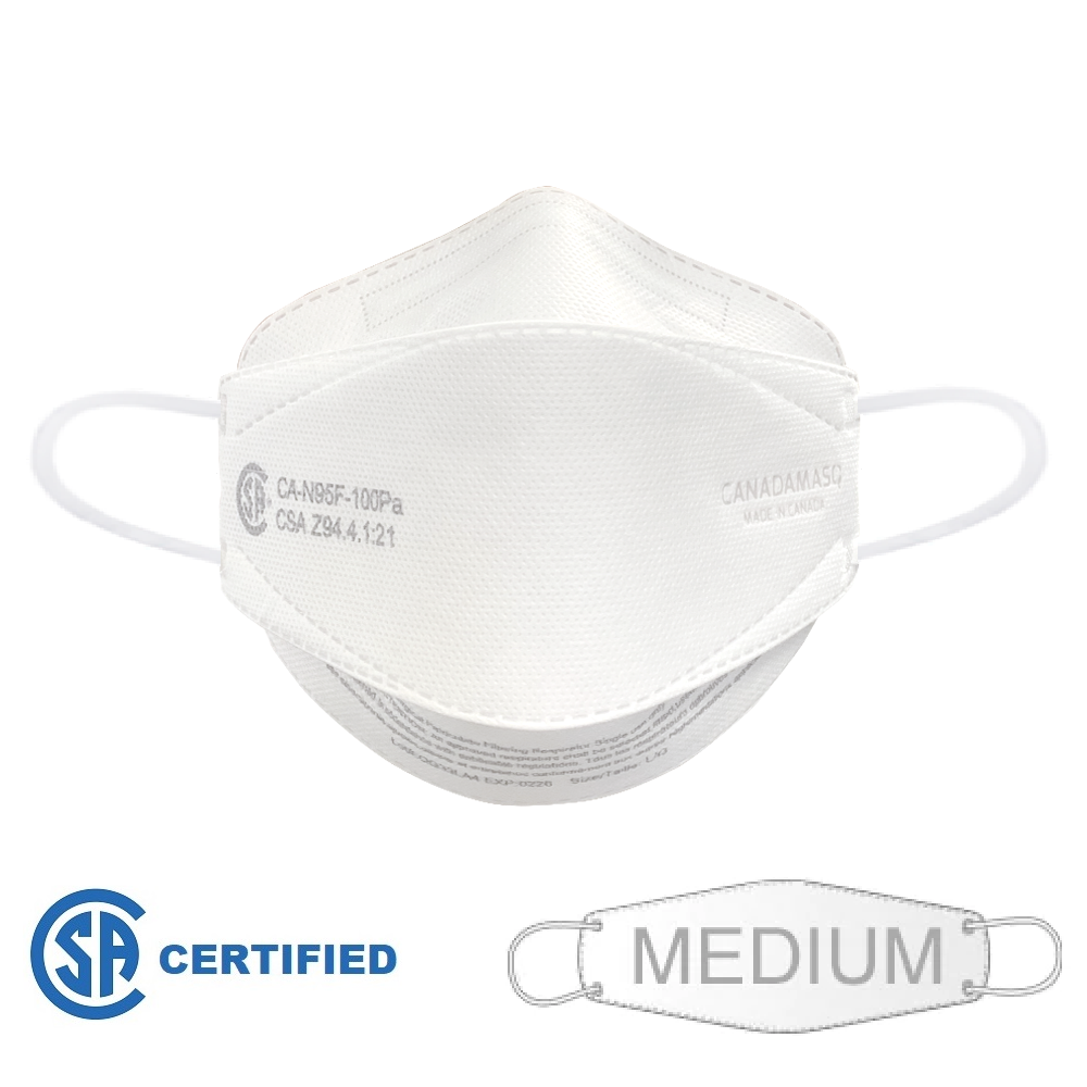 Front view of Canada Masq Q100 CSA Certified healthcare surgical respirator face mask with earloops size medium