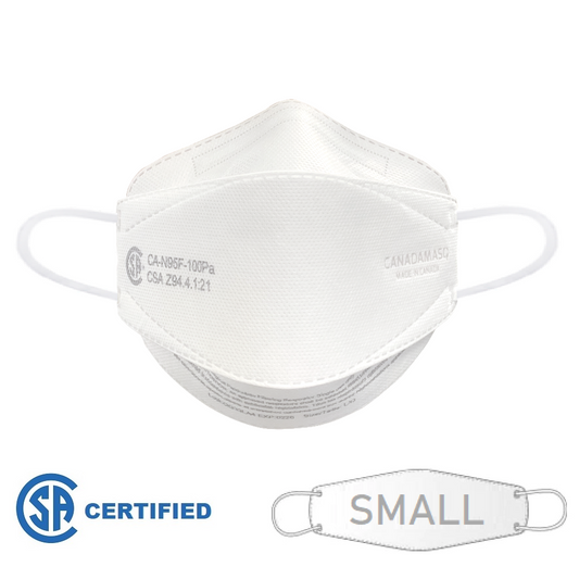 Front view of Canada Masq Q100 CSA Certified healthcare surgical respirator face mask with earloops size small