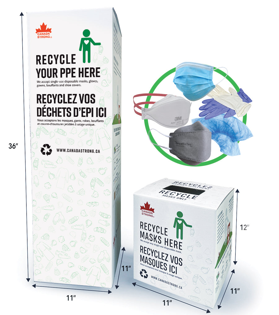 canada strong recycle bins for masks, gloves, gowns, bouffants, and shoe covers