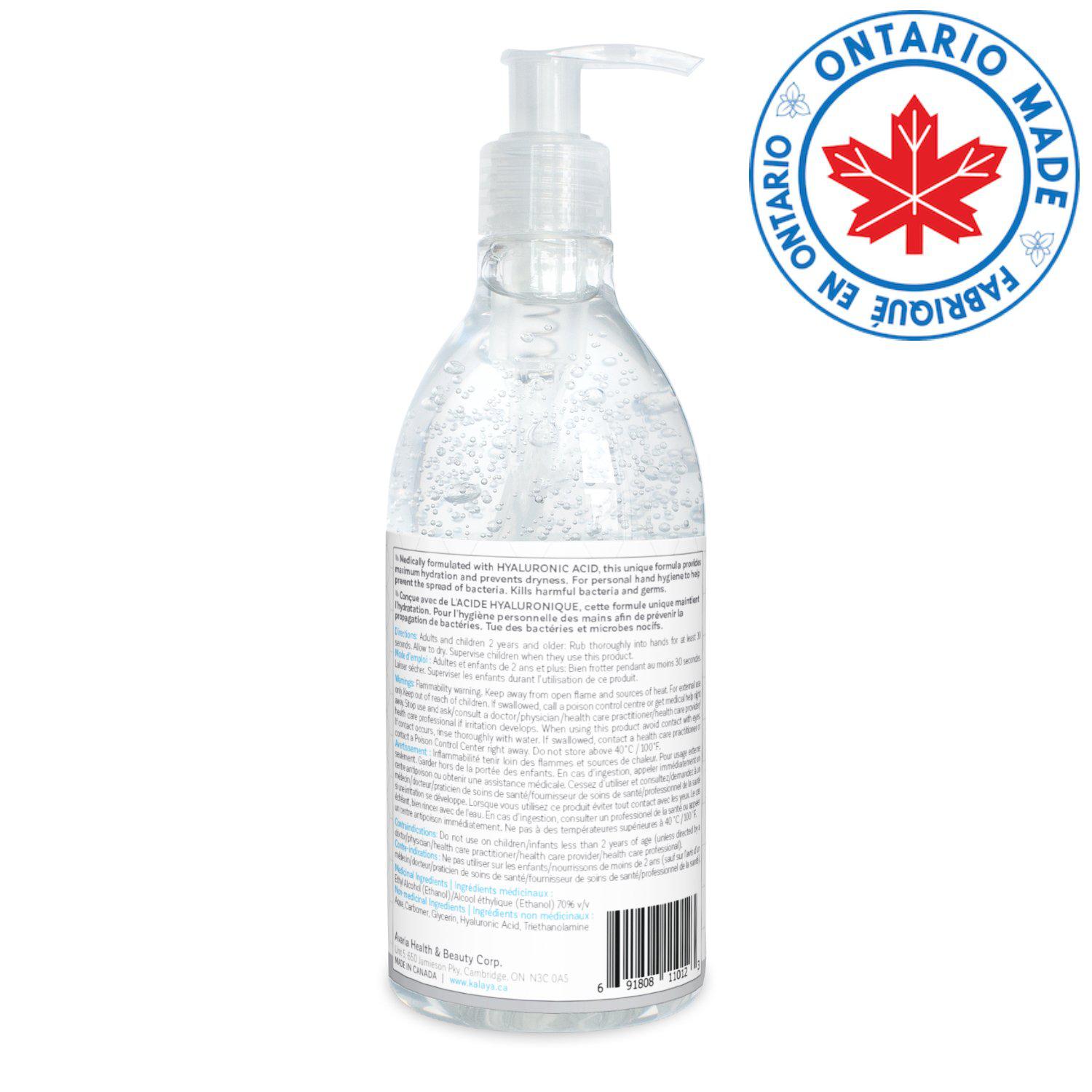 Back view of Kalaya 400mL hand sanitizer pump bottle Canadian packaging instructions in french and english