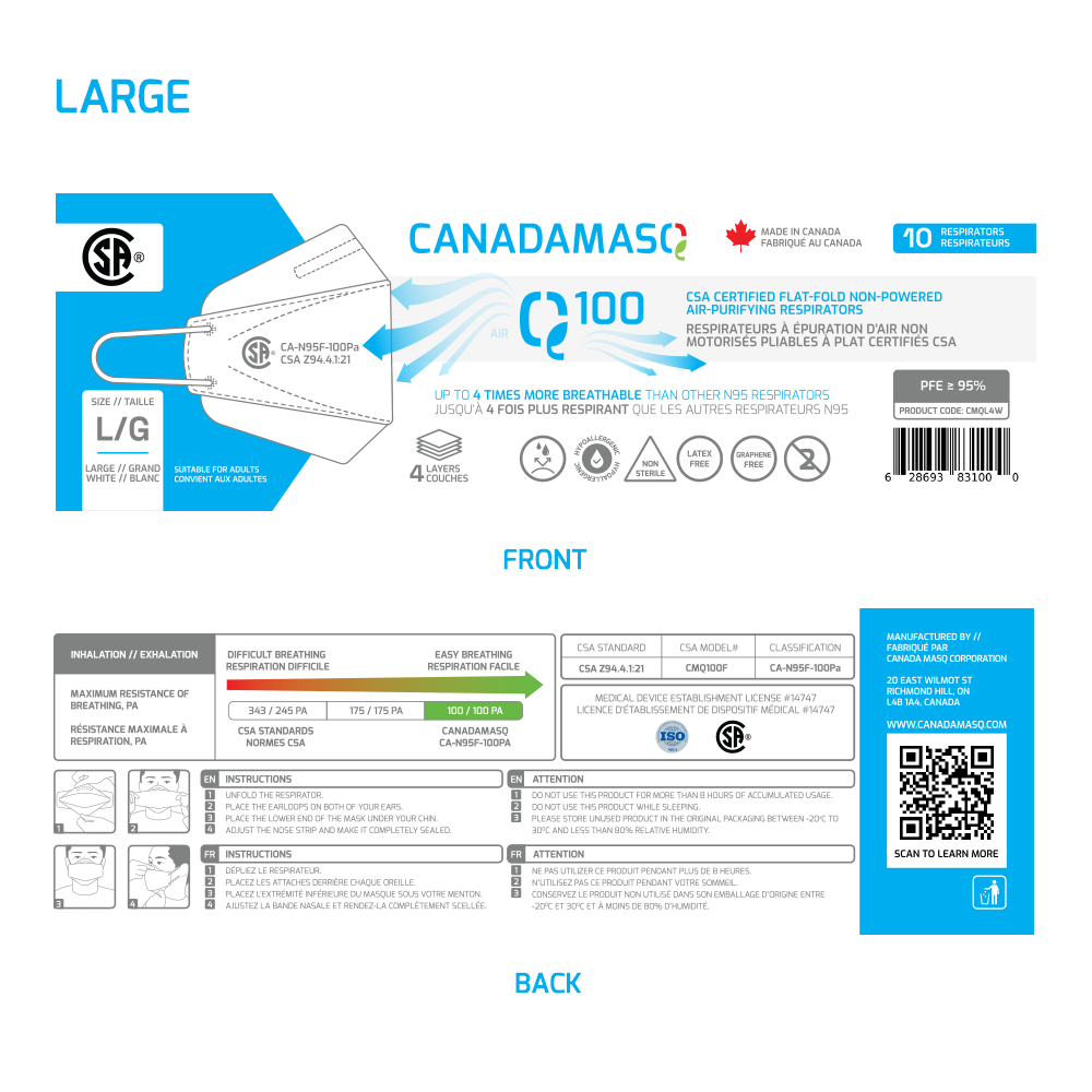 Canada Masq Q100 large respirator mask detailed instructions and specifications insert card artwork
