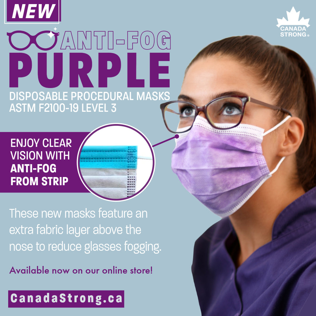 Woman wearing glasses and purple Anti Fog face mask Canada Masq level 3 ASTM Made in Canada
