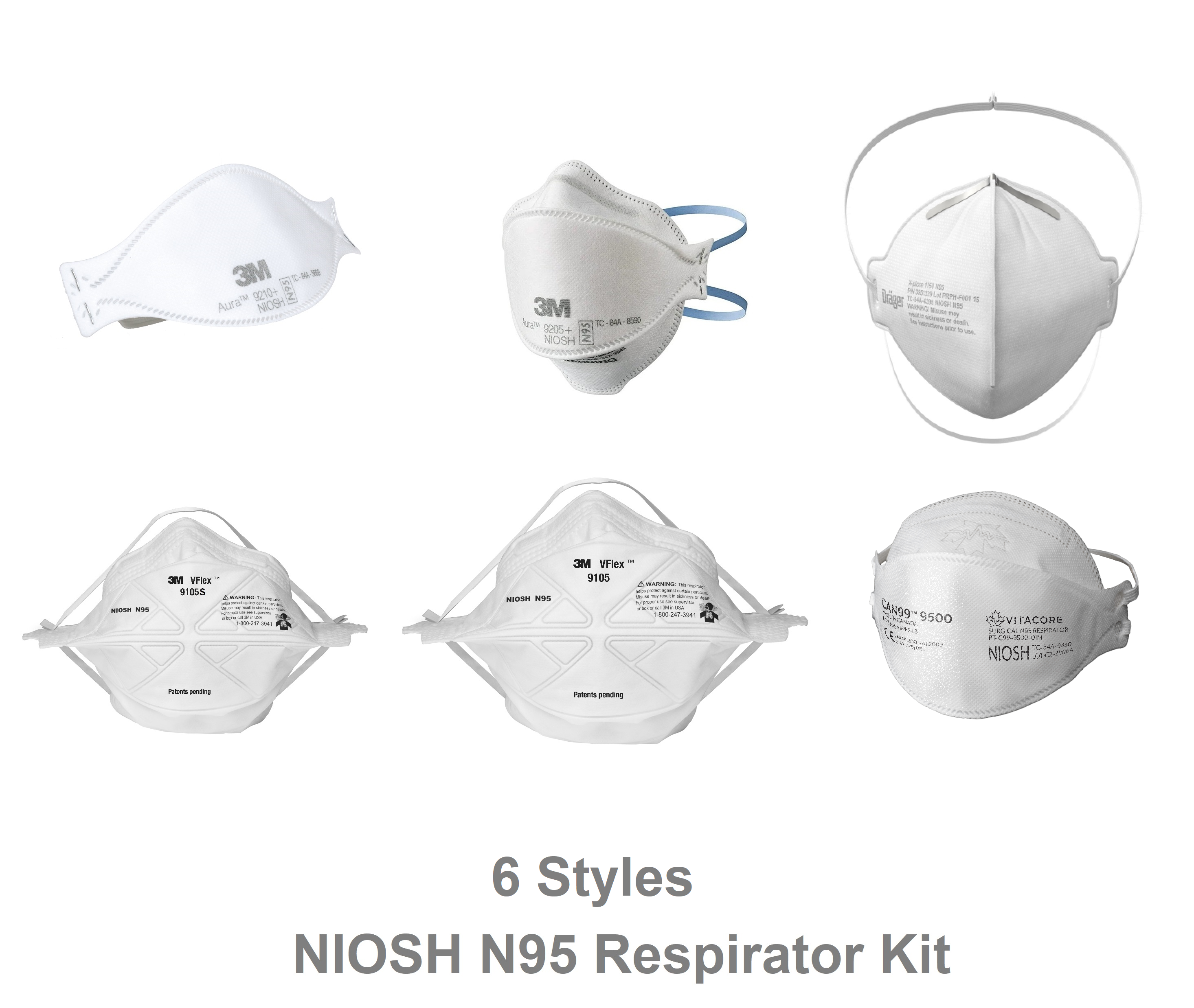 3M NIOSH N95 Respirator Sample Sizing Kit Draeger 3M VFlex Aura Vitacore CAN99 9500