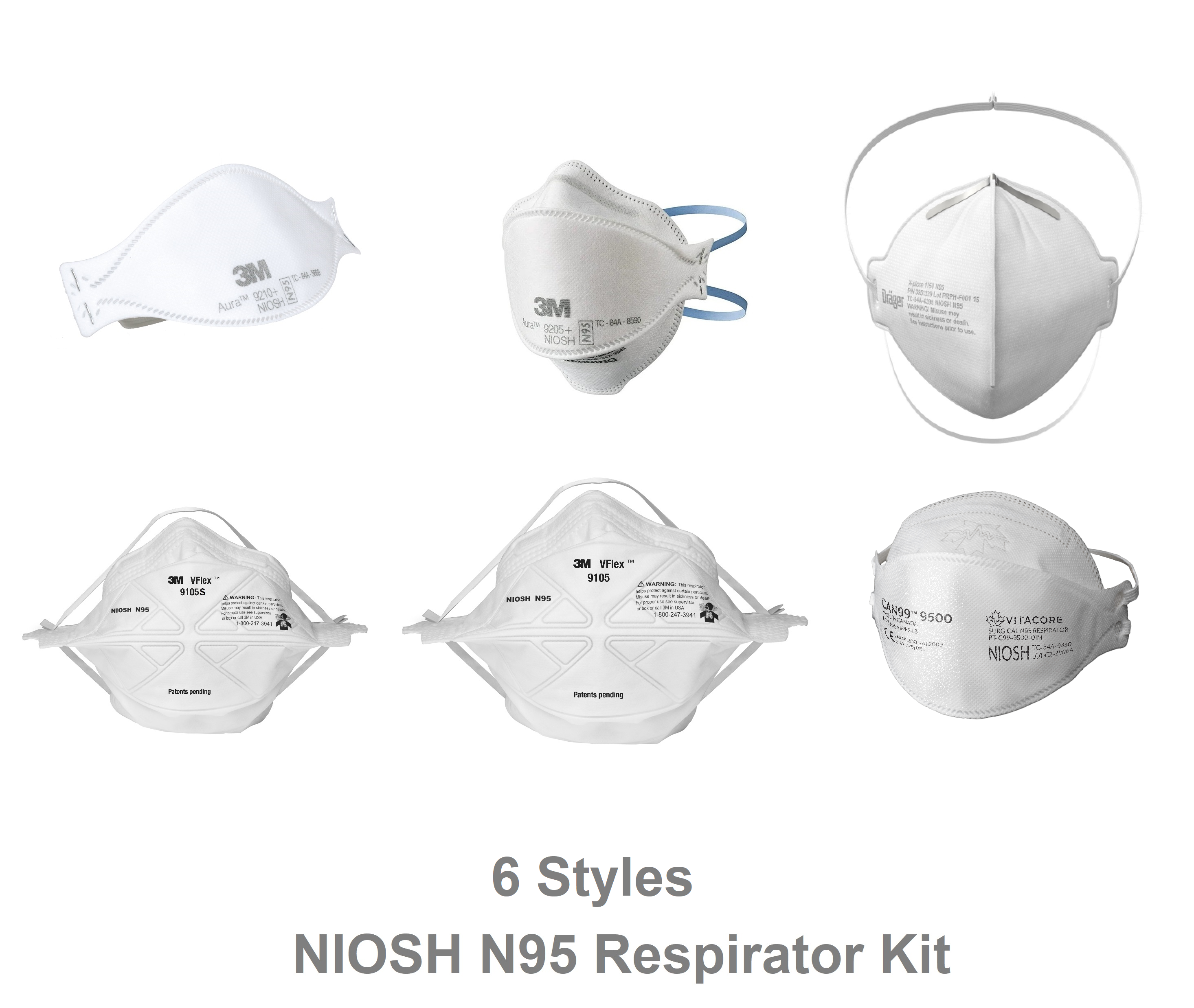 NIOSH N95 6 Piece Respirator Sample Kit 3M Aura 3M Vflex Dr ger Vitacore