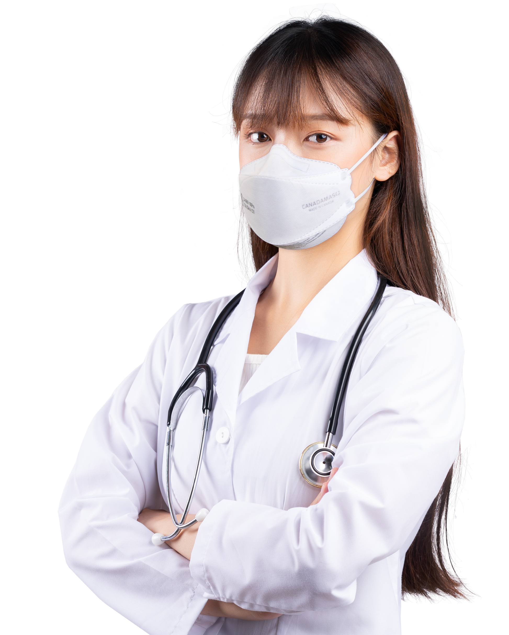 Healthcare worker female doctor or nurse wearing Q100 CA-N95F white CSA surgical respirator mask with earloops
