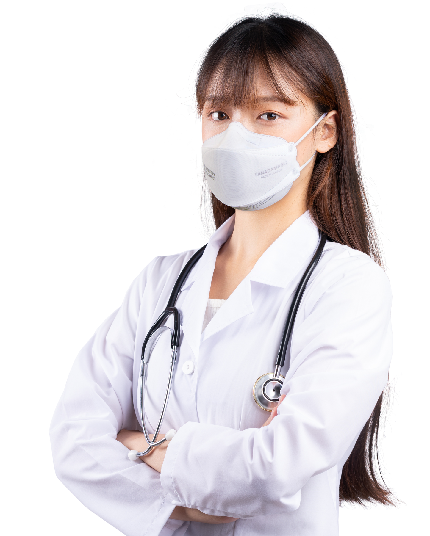 Healthcare worker woman doctor or nurse wearing Q100 CA-N95F white CSA surgical respirator mask with earloops
