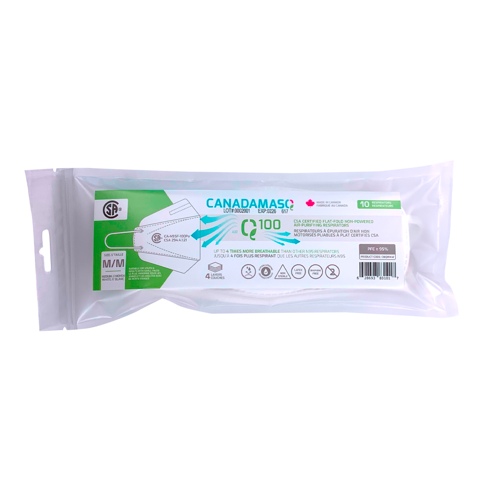Canada Masq Q100 size medium respirator packaging 10 pieces 10-pack bag green