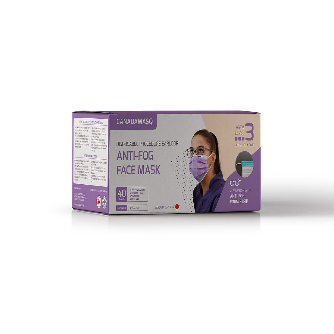 Box of Purple disposable face mask anti-fog level 3 3-ply