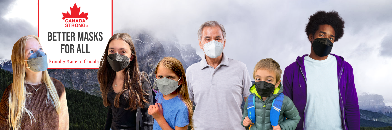 Adults and kids wearing Canada Strong respirator KN95 and N95 face masks made in Canada