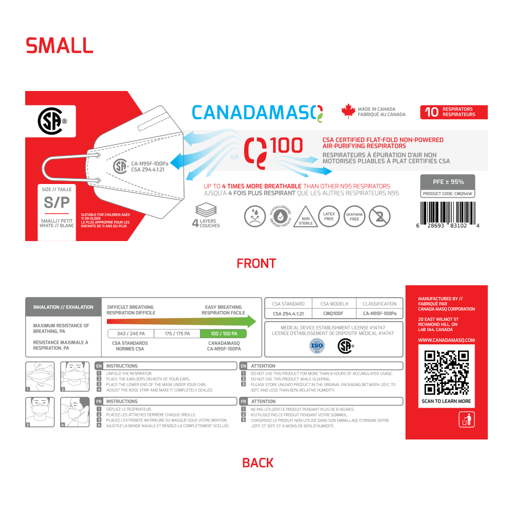 Canada Masq Q100 small respirator mask detailed instructions and specifications insert card artwork