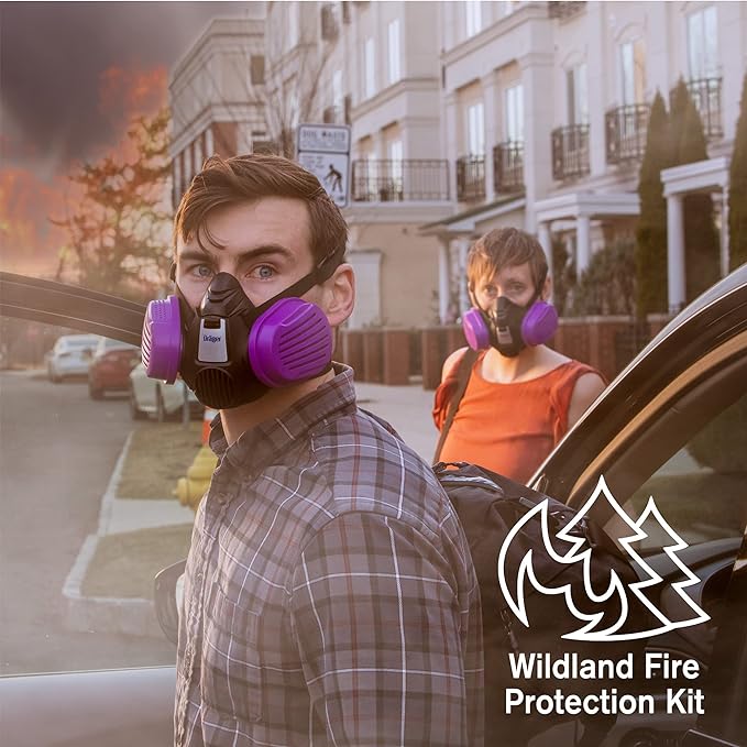 Canadian man and woman in emergency wildfire region wearing Draeger Drager Wildland Forest Fire Smoke Respirator Mask Kit P100 NIOSH