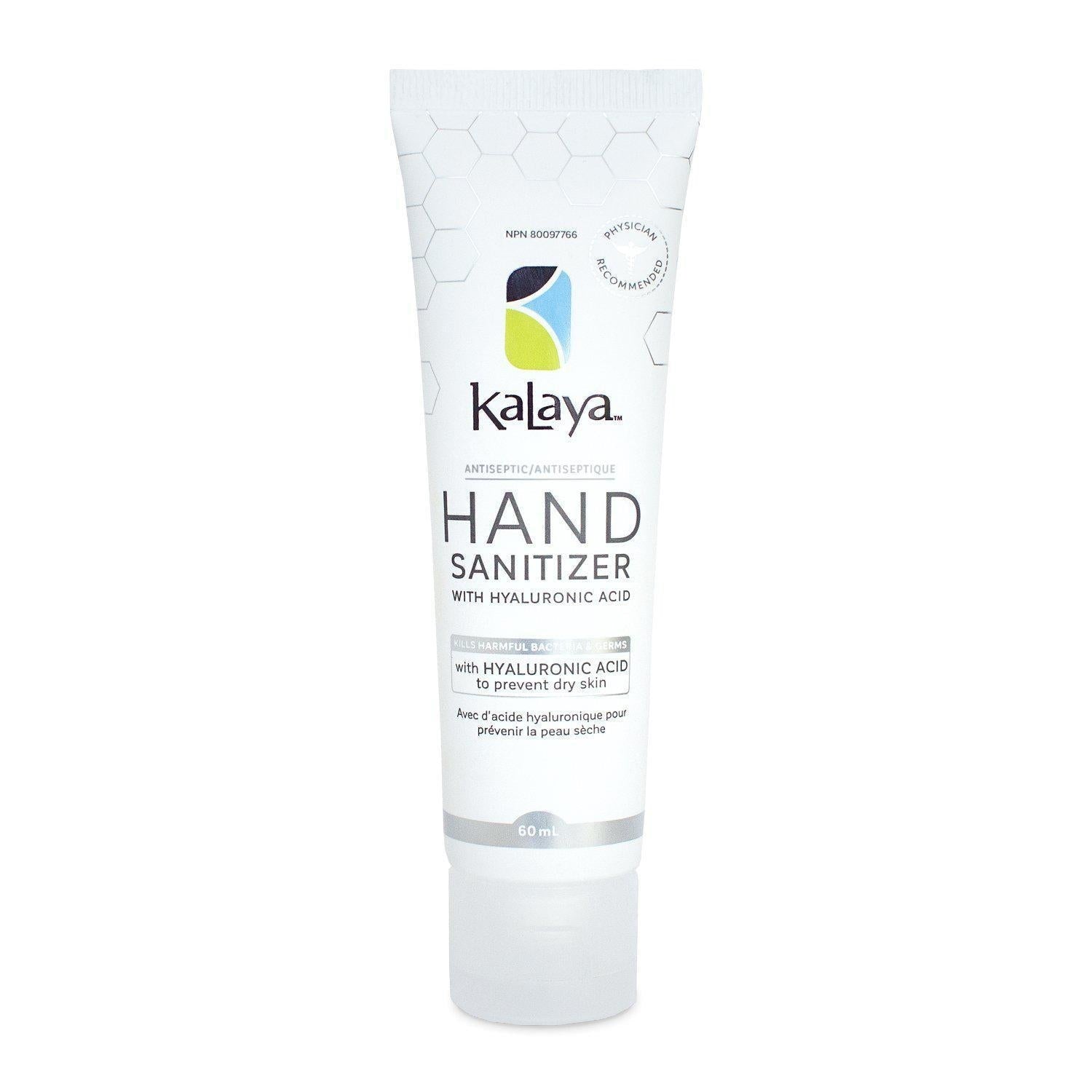 Kalaya 60mL Hand Sanitizer travel size tube with Hyaluronic Acid and 70% alcohol - Made in Canada