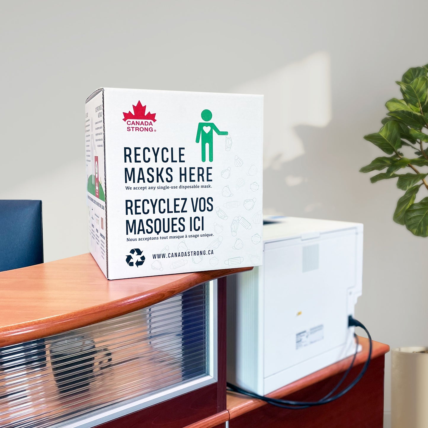 Face Mask Recycling Box in an office reception work place in Canada