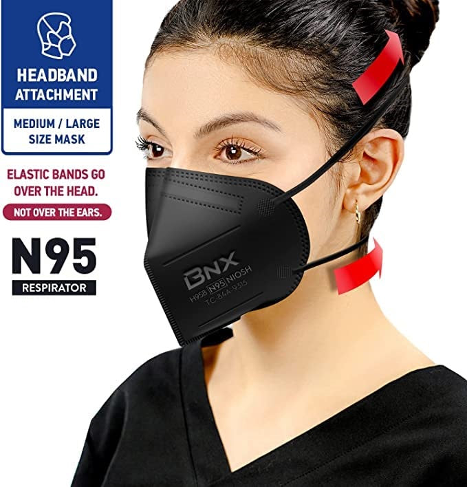 Black NIOSH N95 with elastic bands go over the head