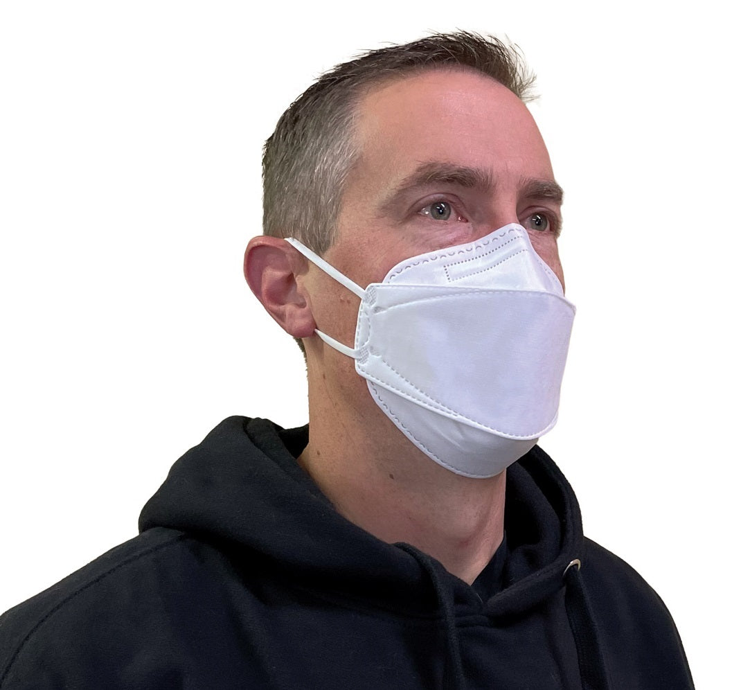 man wearing large white CA-N95 respirator mask by canada masq from canada strong masks