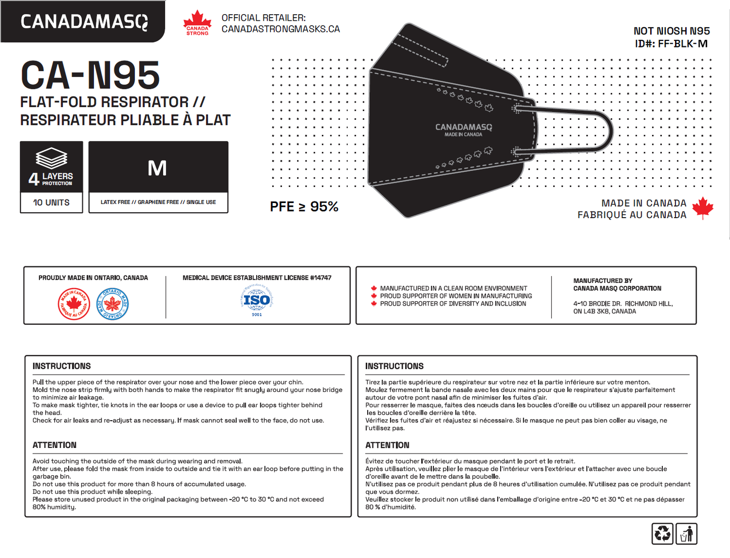 Canada Masq CA-N95 size medium respirator mask bag packaging