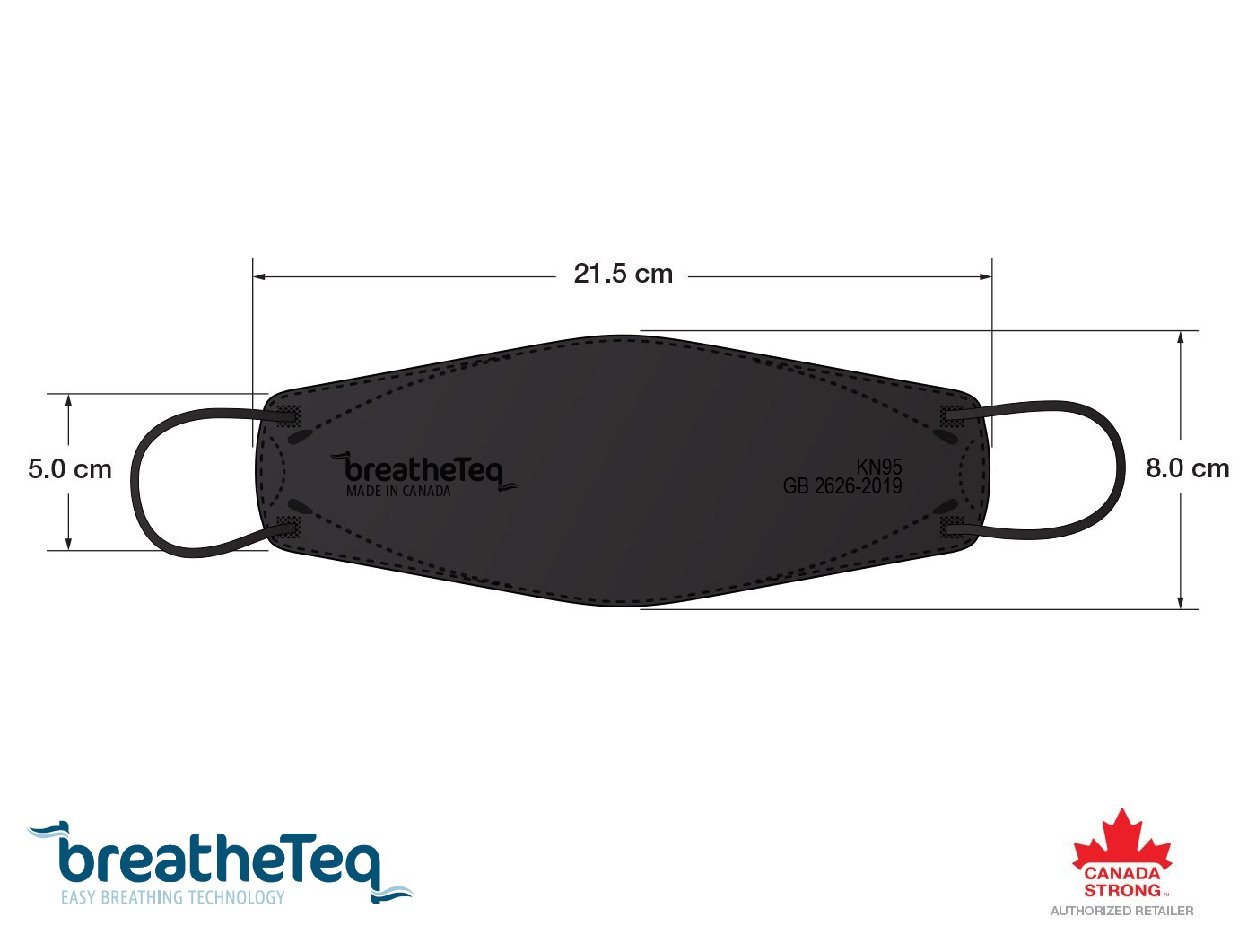 Dimensions of BreatheTeq KN95 large black size flat fold respirator mask