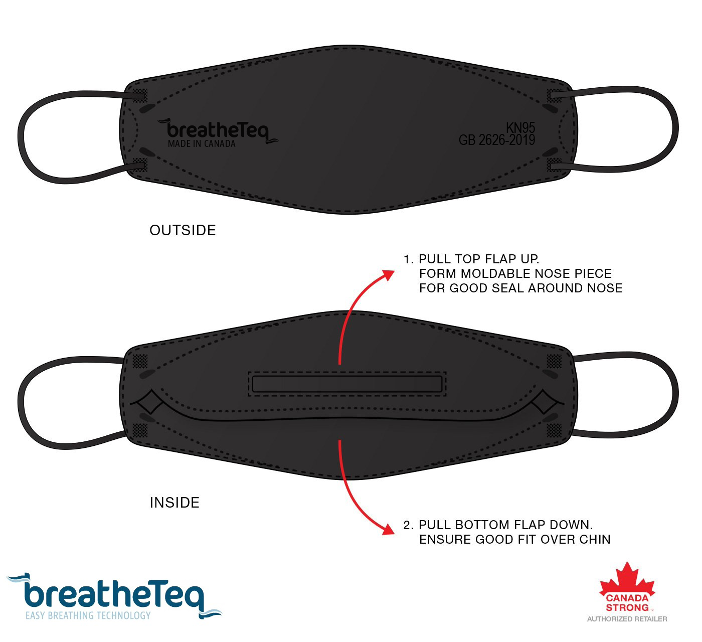 BreatheTeq KN95 XL Big & Tall Black Disposable Respirator Mask - Made in Canada
