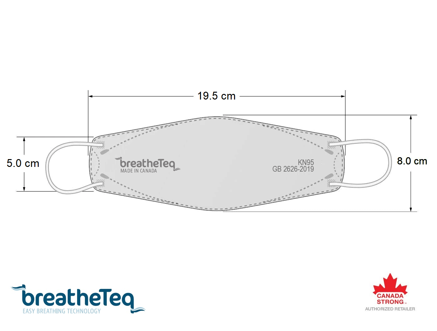 Dimensions of BreatheTeq KN95 medium grey size flat fold respirator mask