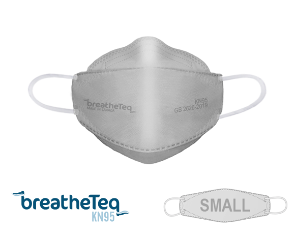 BreatheTeq KN95 adult teen small grey earloop respirator mask made in Canada